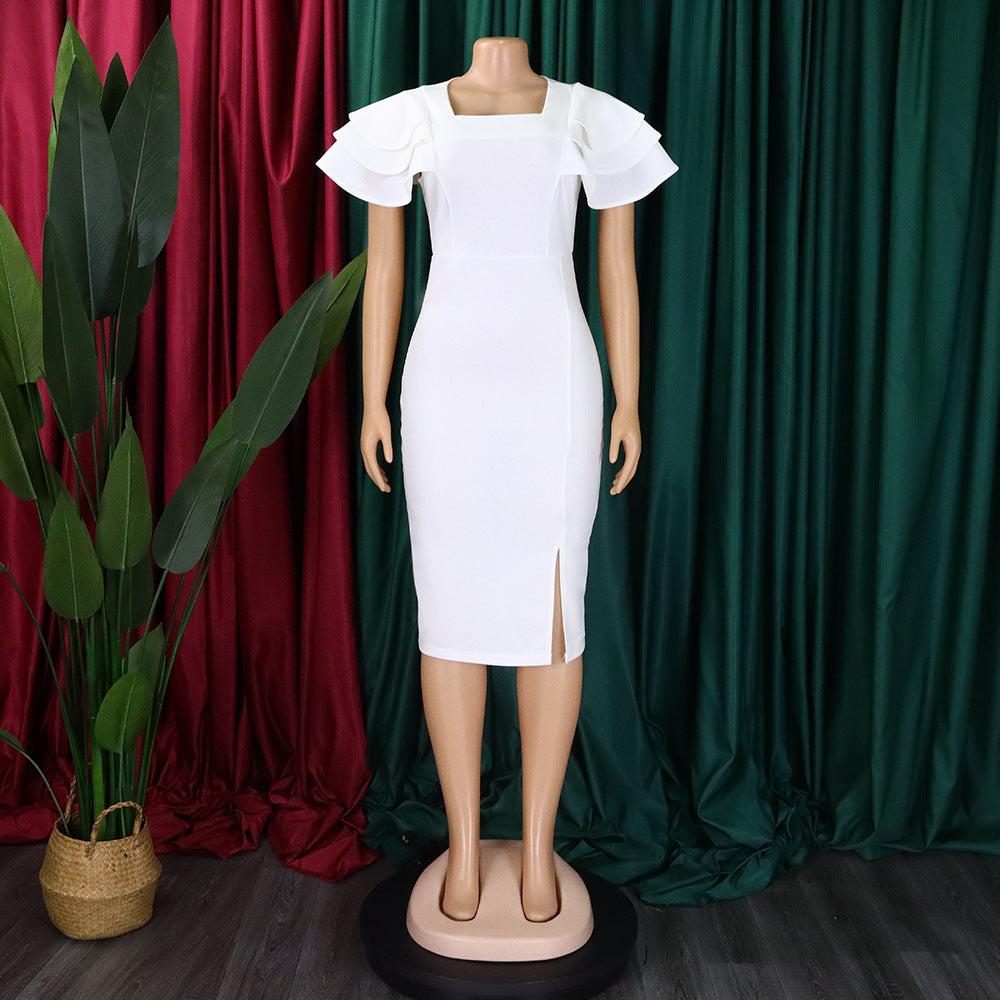 Women's Summer Chic Career Square Neck Short Sleeve Sexy Bodycon African Dress 16