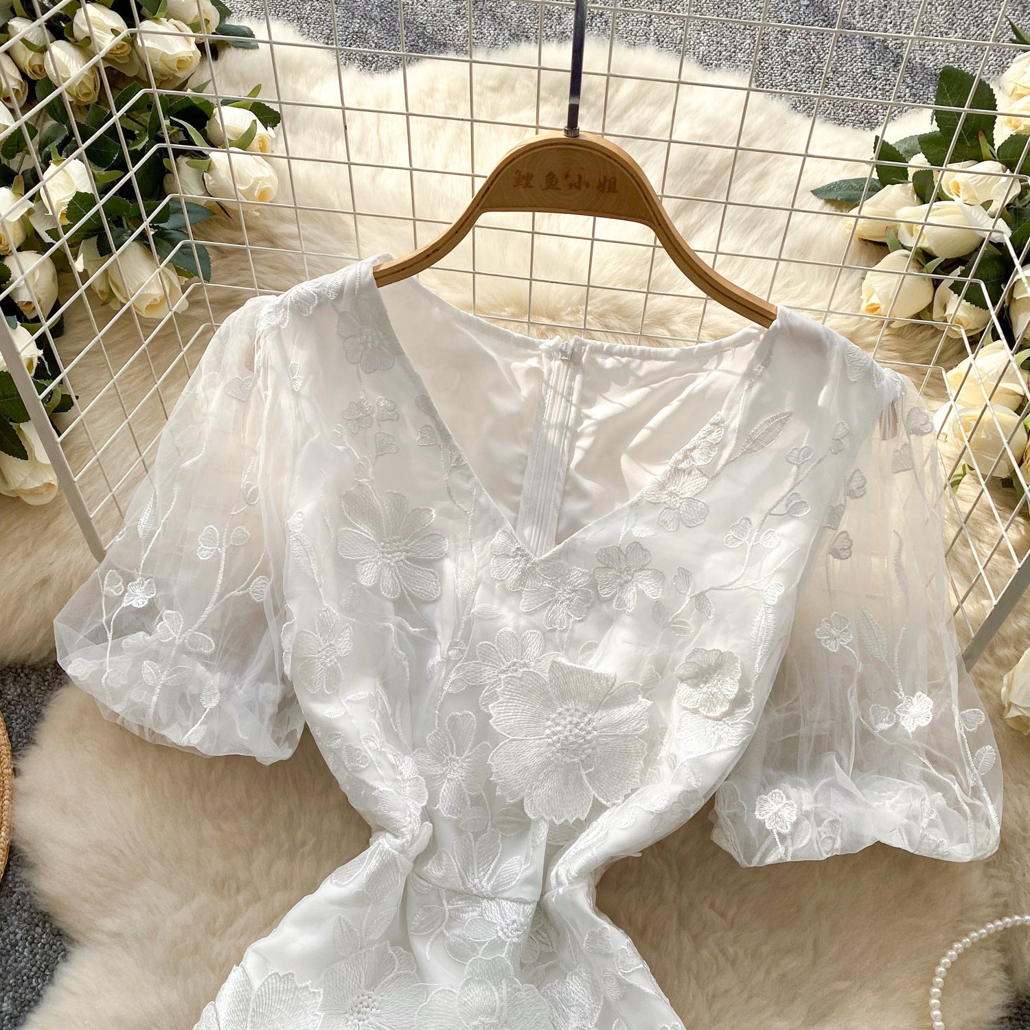 Women's  Luxury Embroidery Mesh Puff Sleeve Slim Waist Short Chic Dress 13