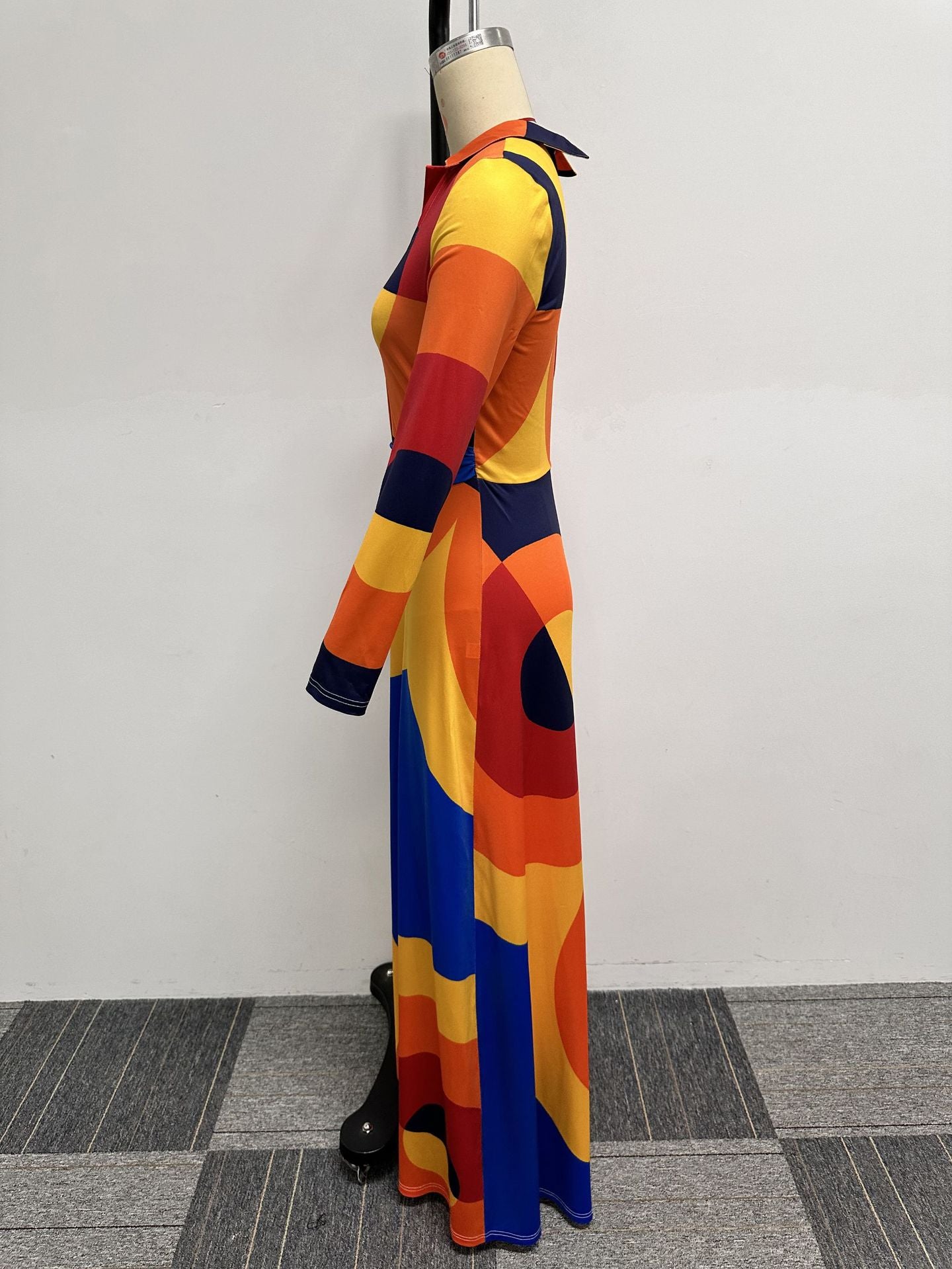 Sexy Slim Deep V Printed Wide Leg Turndown Collar Slim Waist Long Sleeve Jumpsuit 11