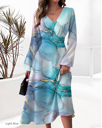 Autumn and winter fashion Chic elegant printed v-neck long-sleeved dress 5