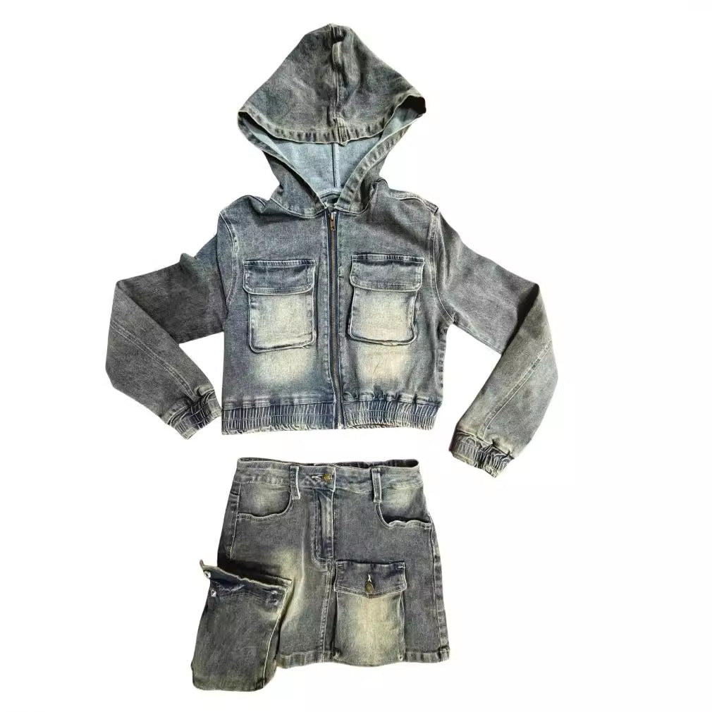 Denim Suit Stretch Denim Hooded Jacket Skirt Two Piece Set 7