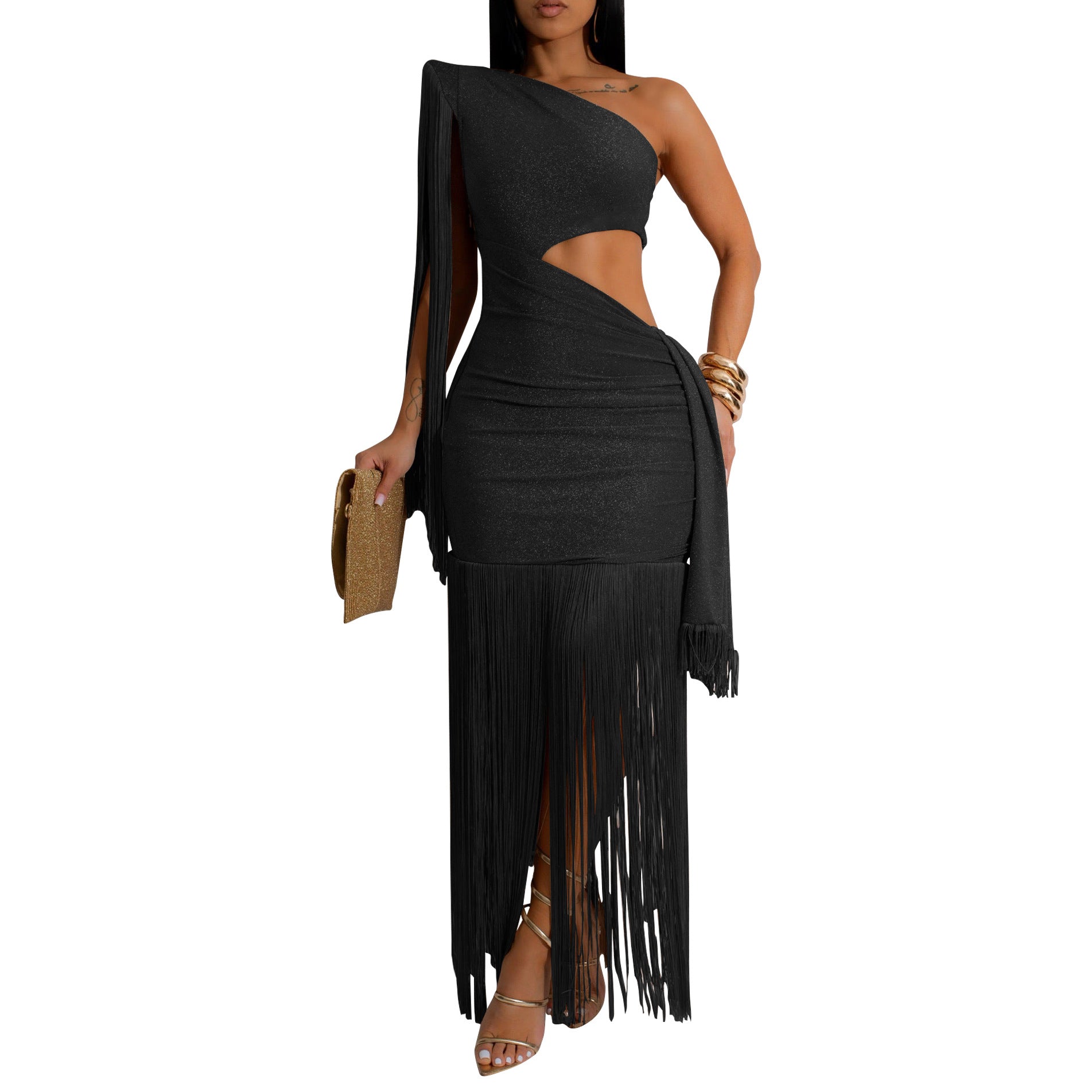 Women Silky Shiny Tassel Off-Shoulder Sexy Dress 14