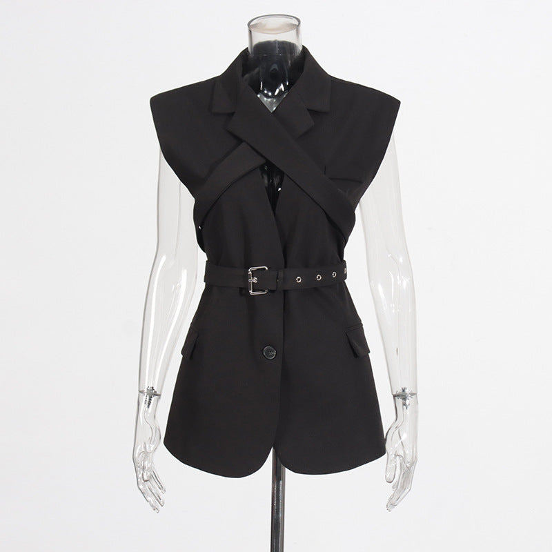 Patchwork Cross Tie Vest Solid Color Sleeveless Blazer for Women 7