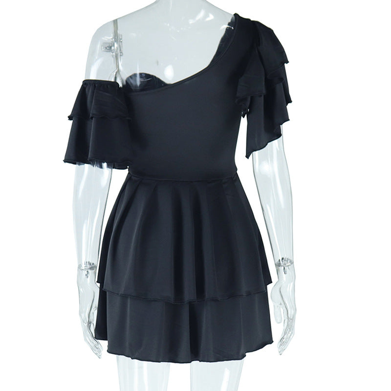 Women Solid Ruffle Sleeve Irregular Slash Shoulder Cascading Ruffles Dress 16