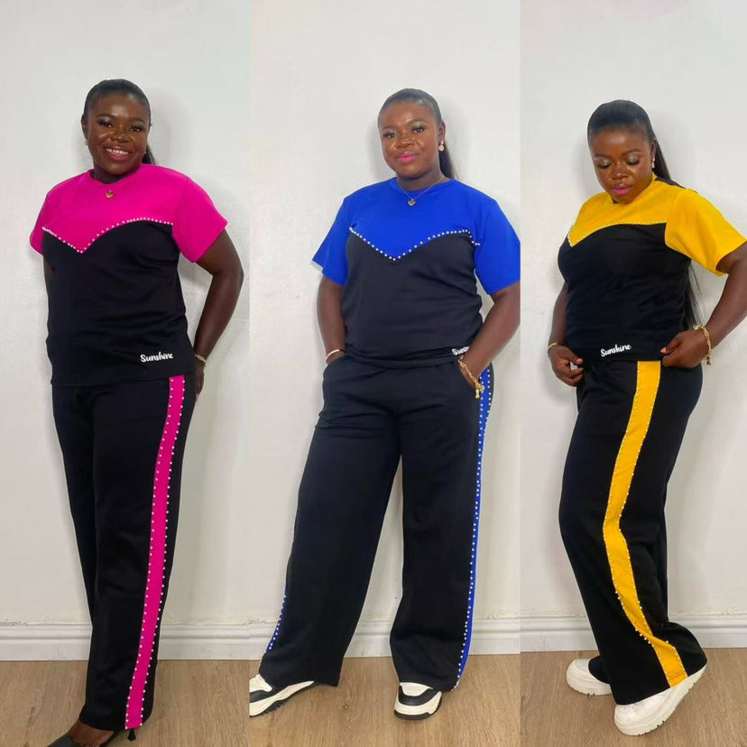Women Casual Patchwork Contrast Beaded Short Sleeve Top and Pant Two-Piece Set 5