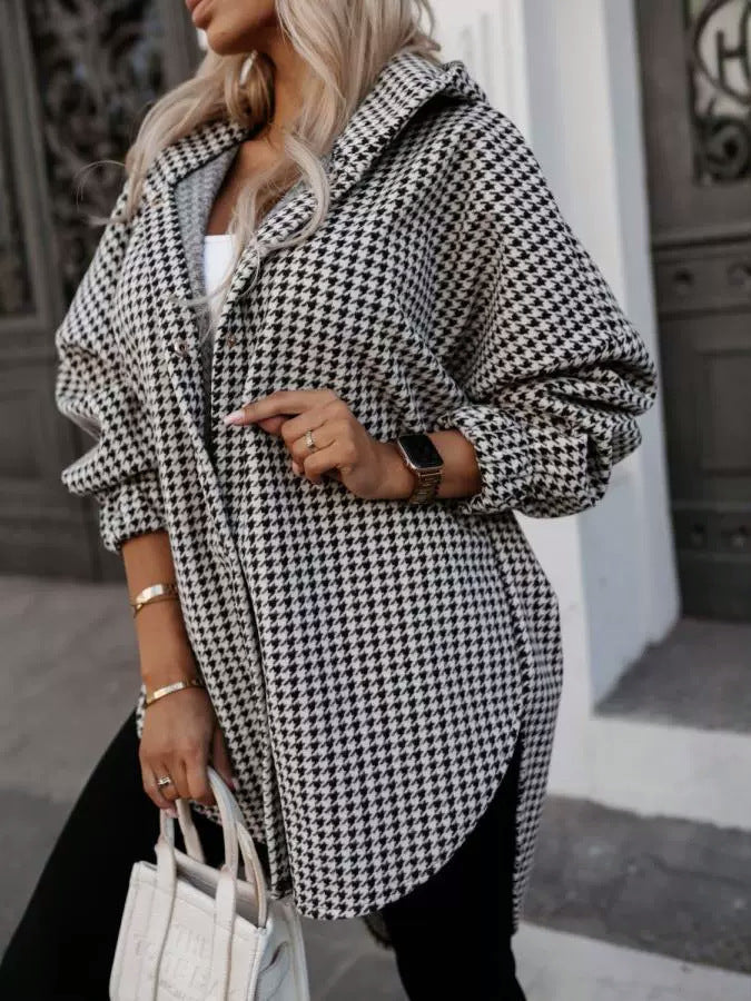 Women autumn plaid hooded split Style jacket
