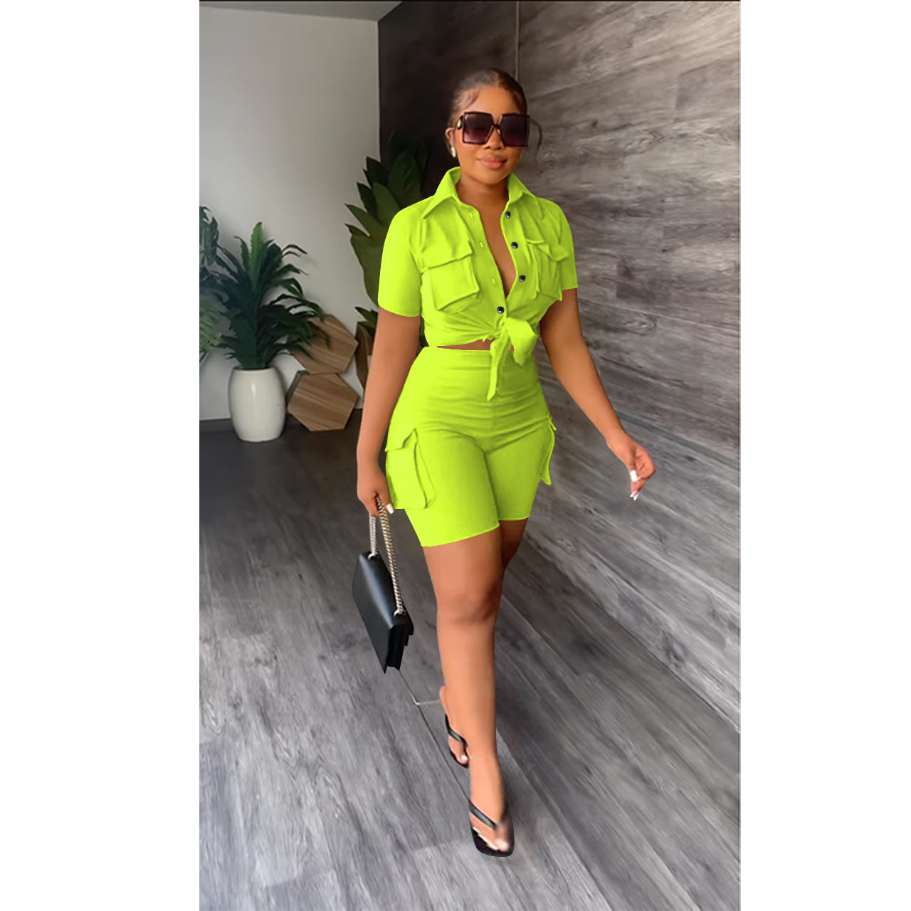 Women'S Solid Color Short Sleeve Shirt Shorts Two-Piece Set 6