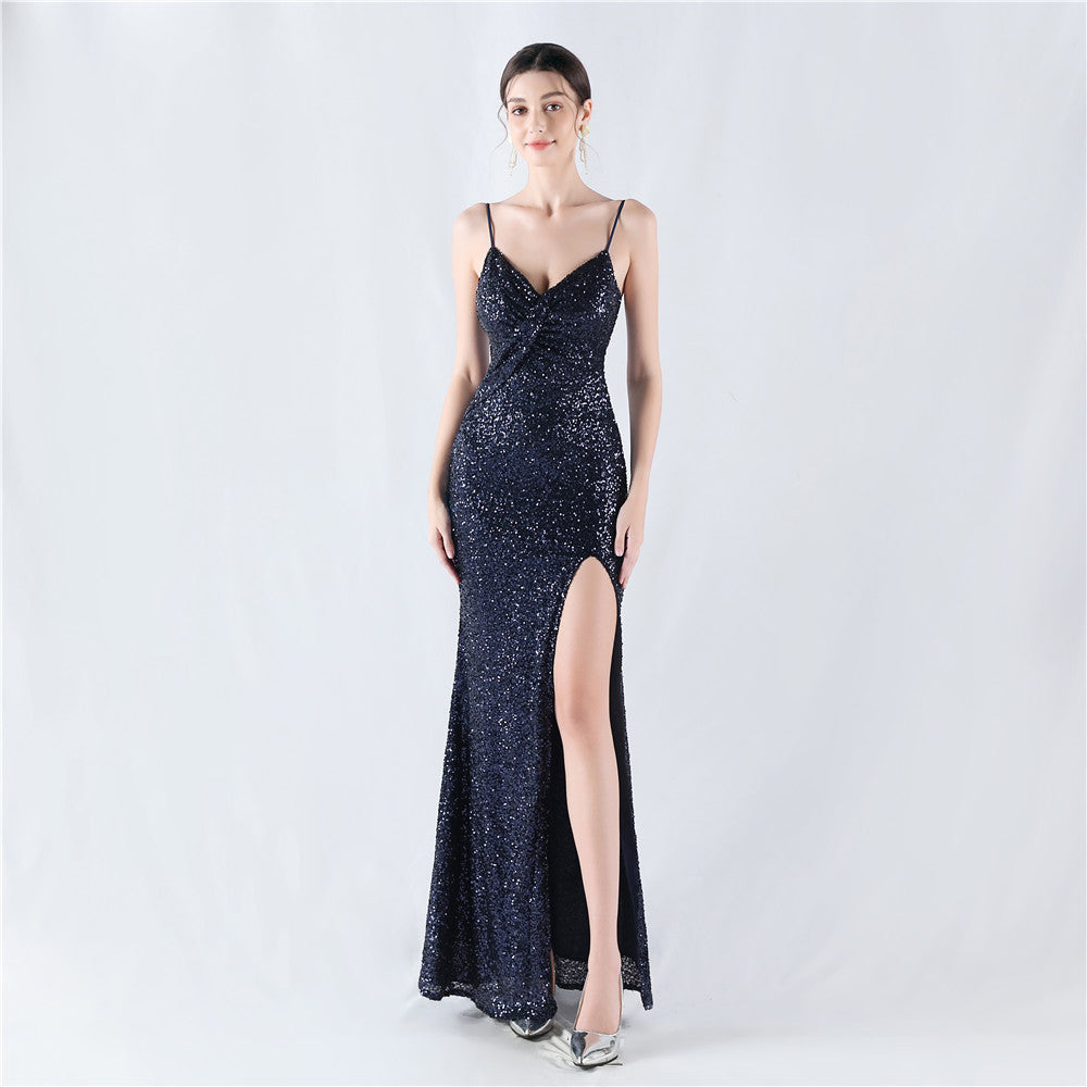 Women sequined sexy split sling evening dress 19