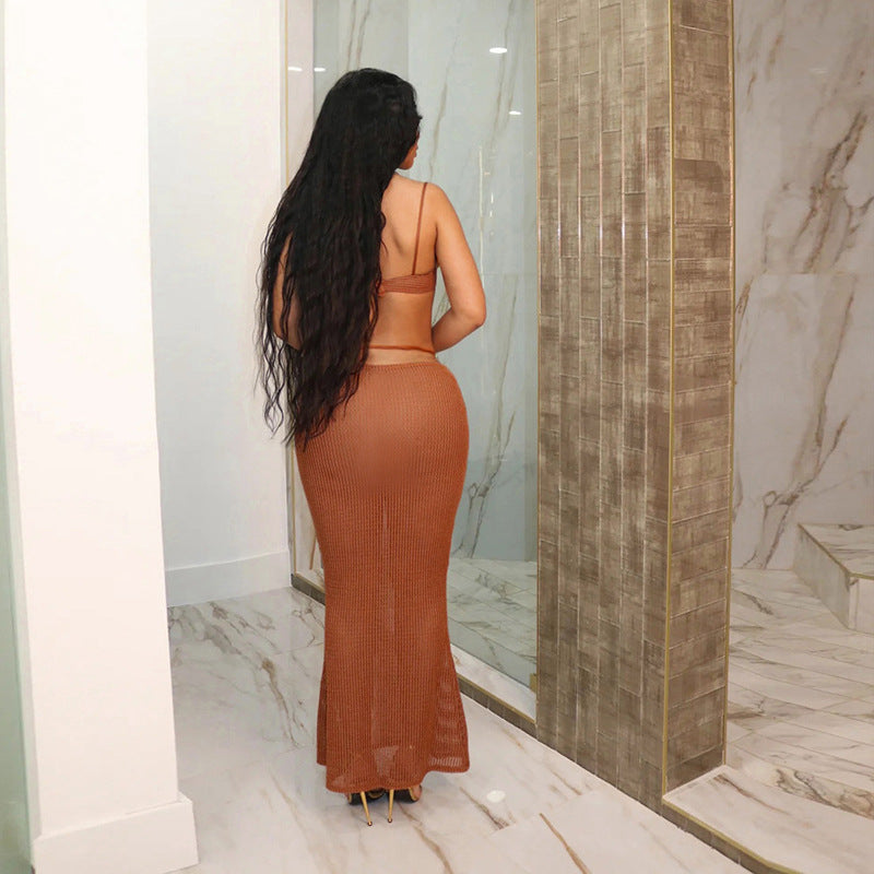 Summer Sexy See-Through Lace-Up Bra Low Waist Slim Skirt Two Piece Set 4