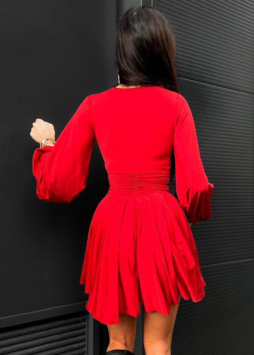 Women Red V Neck Lantern Sleeve Dress 5