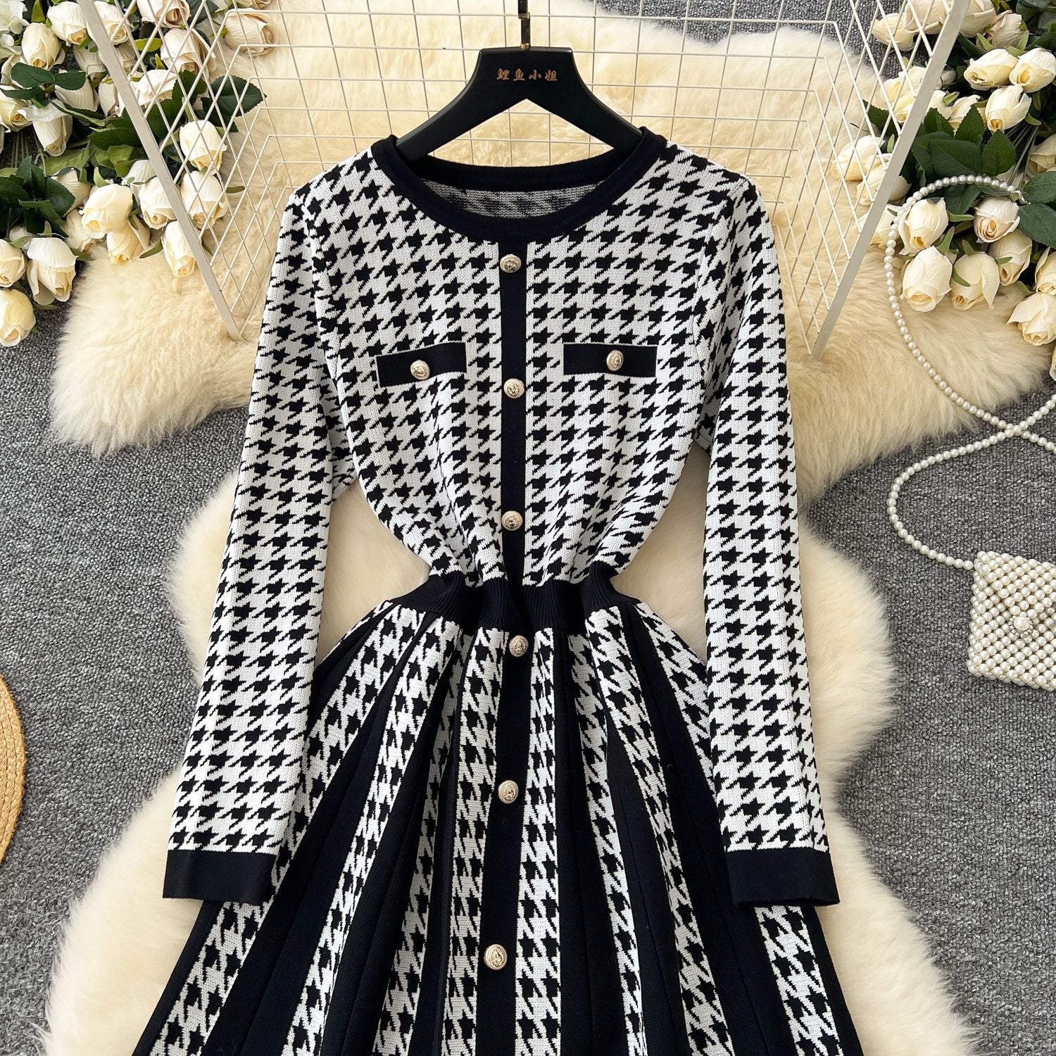 Women Autumn and Winter Metal Button Contrast Pleated Houndstooth Dress 6