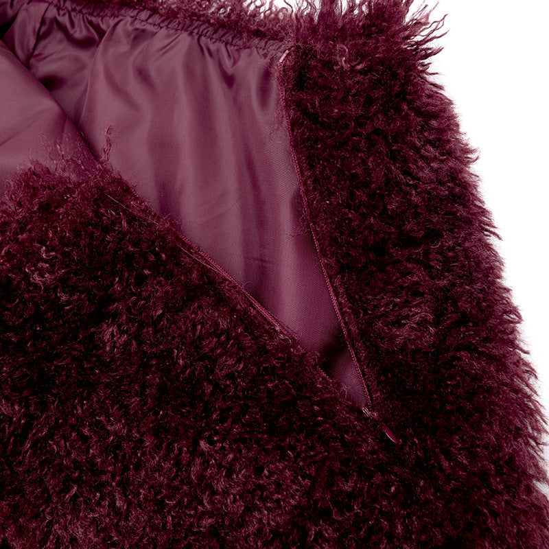 Women's Faux Fur U-Neck Hooded Low Back Top & Skirt Two-Piece Set 34