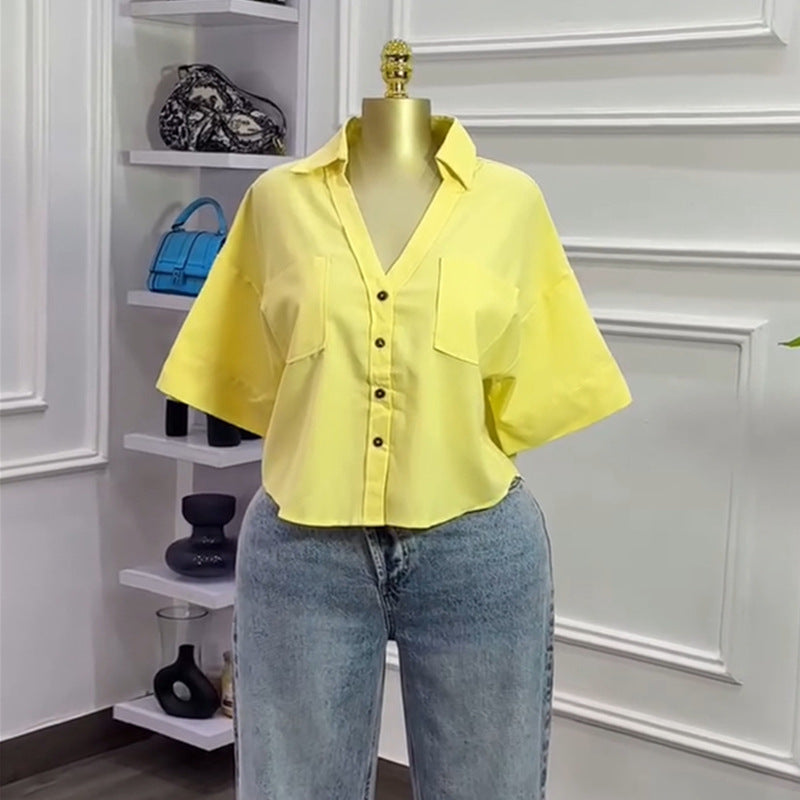 Women's Autumn Turndown Collar Loose Fashion Short Sleeve Shirt Top 5