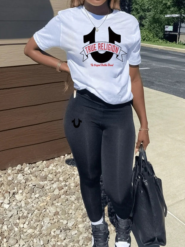 Spring summer women print casual short sleeve two piece pants sets 11