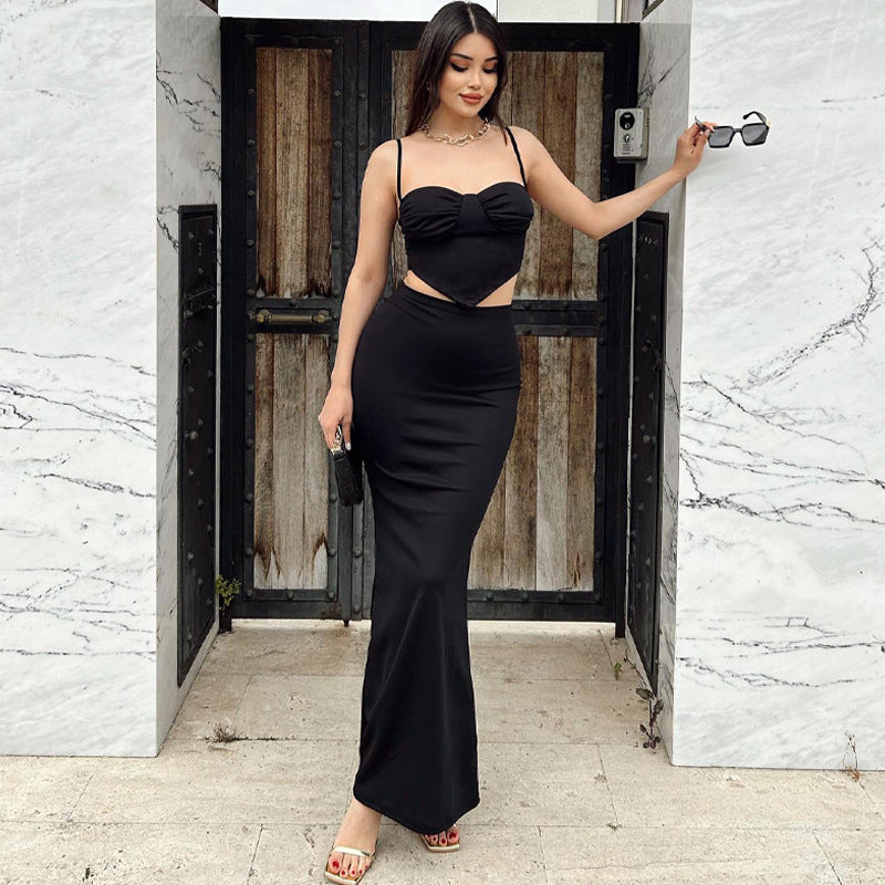 Summer Women's Solid Color Straps Camisole Fashion Bodycon Long Skirt Two Piece Set For Women 4