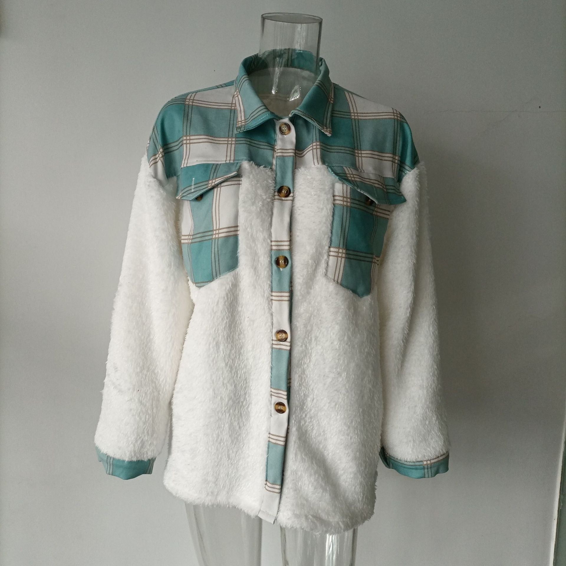 Women Turndown Collar Leopard Plaid Print Furry Patchwork Contrast Warm Long Sleeve Shirt 25