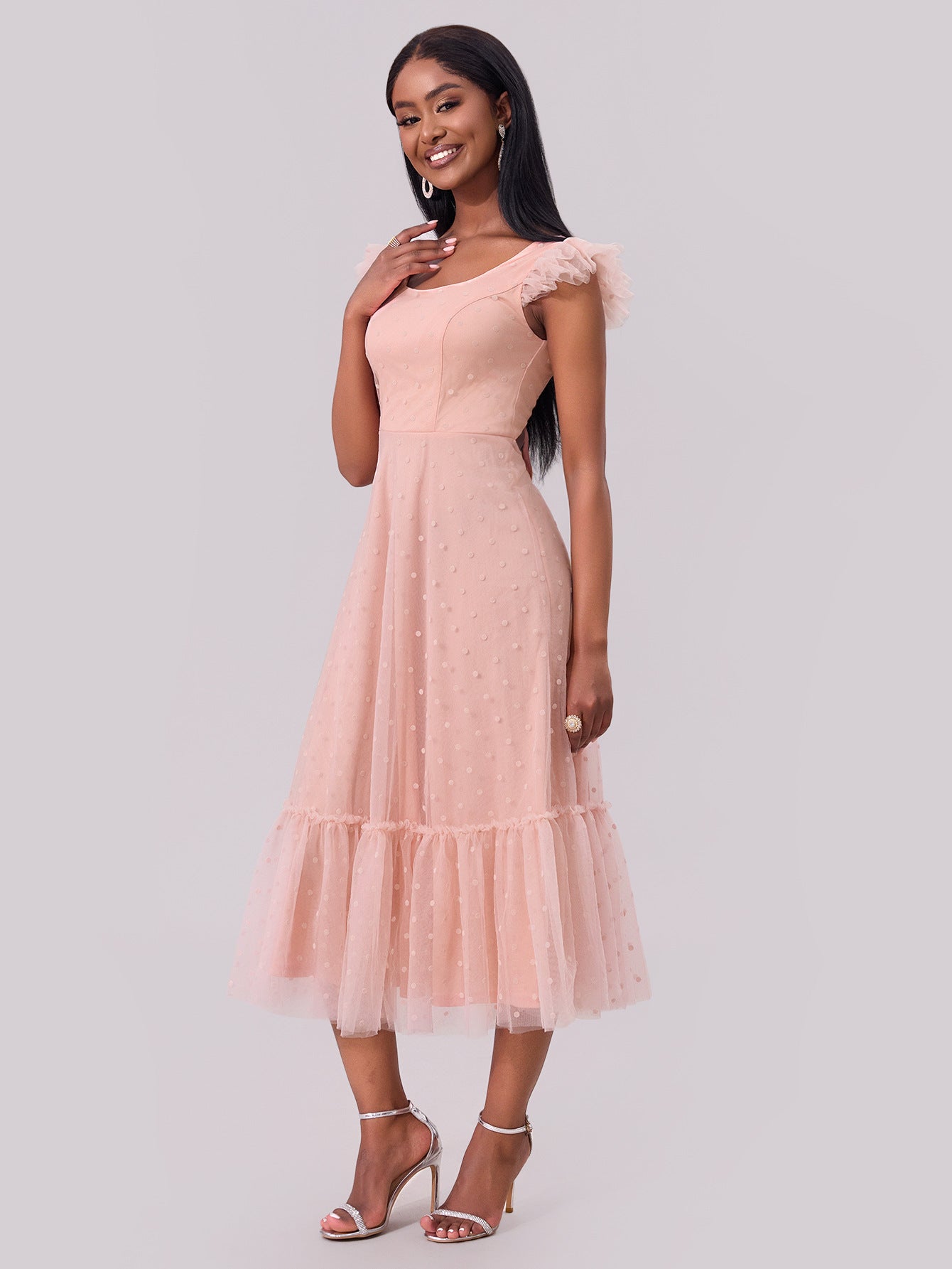 Women Flying Sleeve Pleated Layered Short Sleeve Dress 4