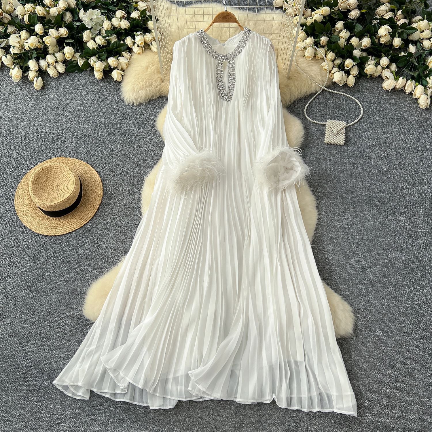 Women Round Neck Diamond Furry Patchwork Pleated Elegant Solid Dress 5