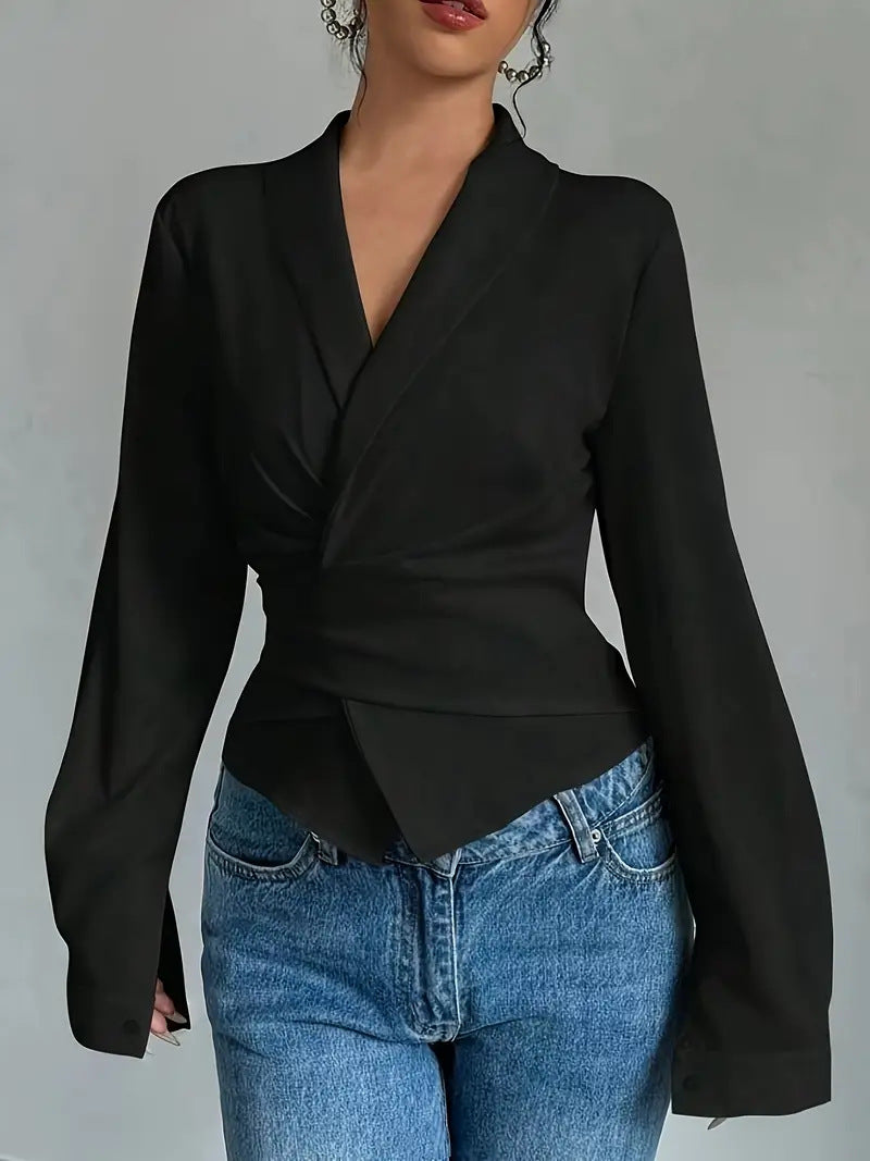 Fashion Lace-Up Solid Color Women's Long Sleeve Turndown Collar Shirt 4