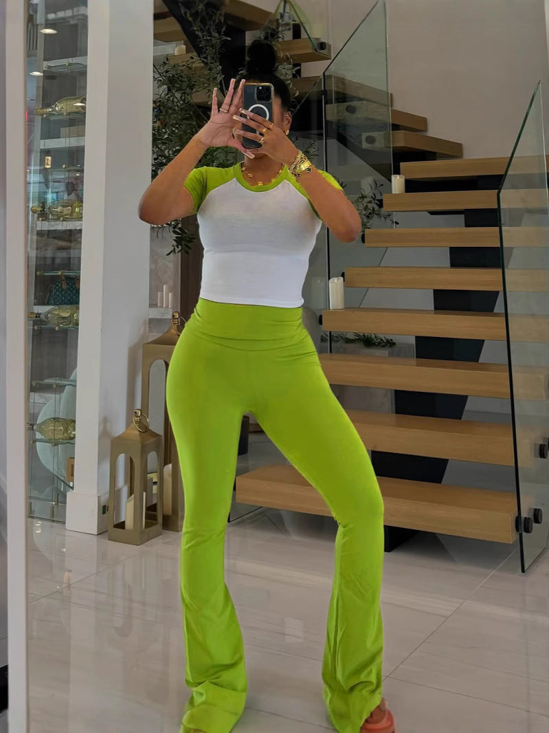 Women American Contrast Raglan Sleeve Casual Sports Yoga Top and Long Pants Two-Piece Set 4