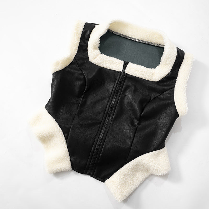 Women zipper fur edge patchwork pu-leather top and skirt two-piece set 9