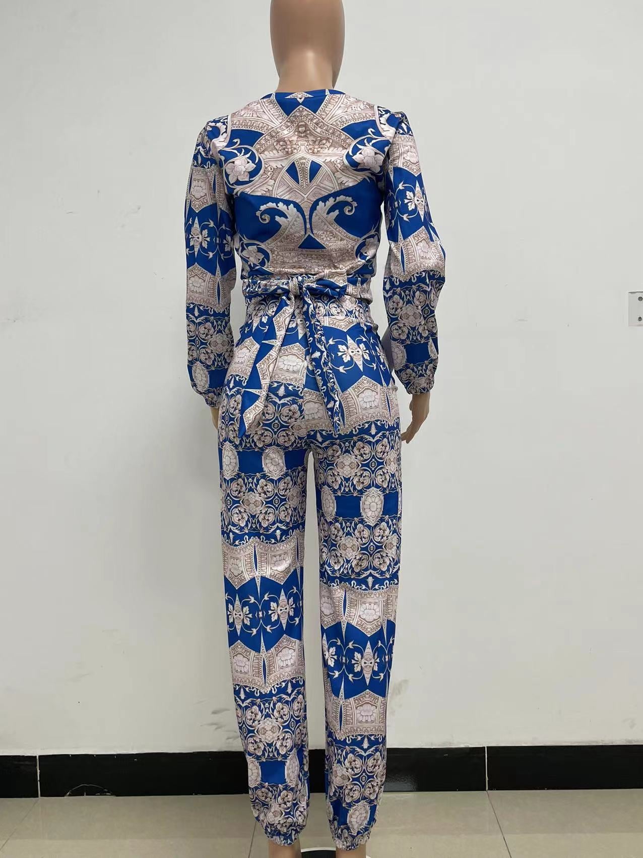 Women Printed Long Sleeve Top+ Pants Two Piece Set 8
