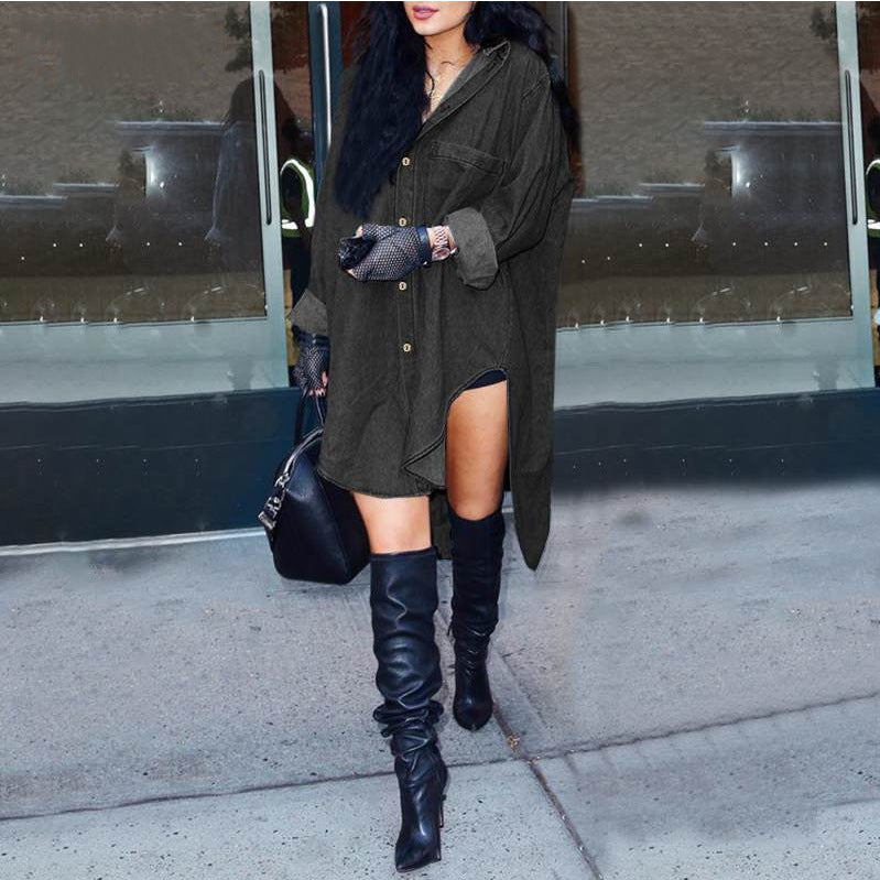 Women Long Sleeve irregular sides Denim Shirt 6