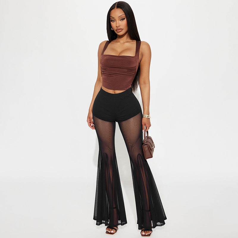 Women Fall Sexy See-Through Mesh Bell Bottom Pant 15