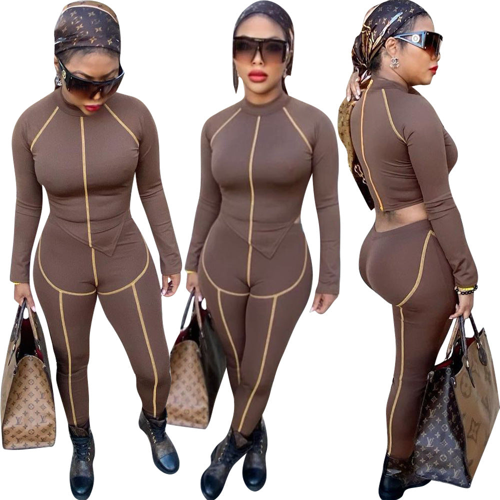 Women's Fashionable brown sexy tight fitting long sleeve Top and pants two-piece set