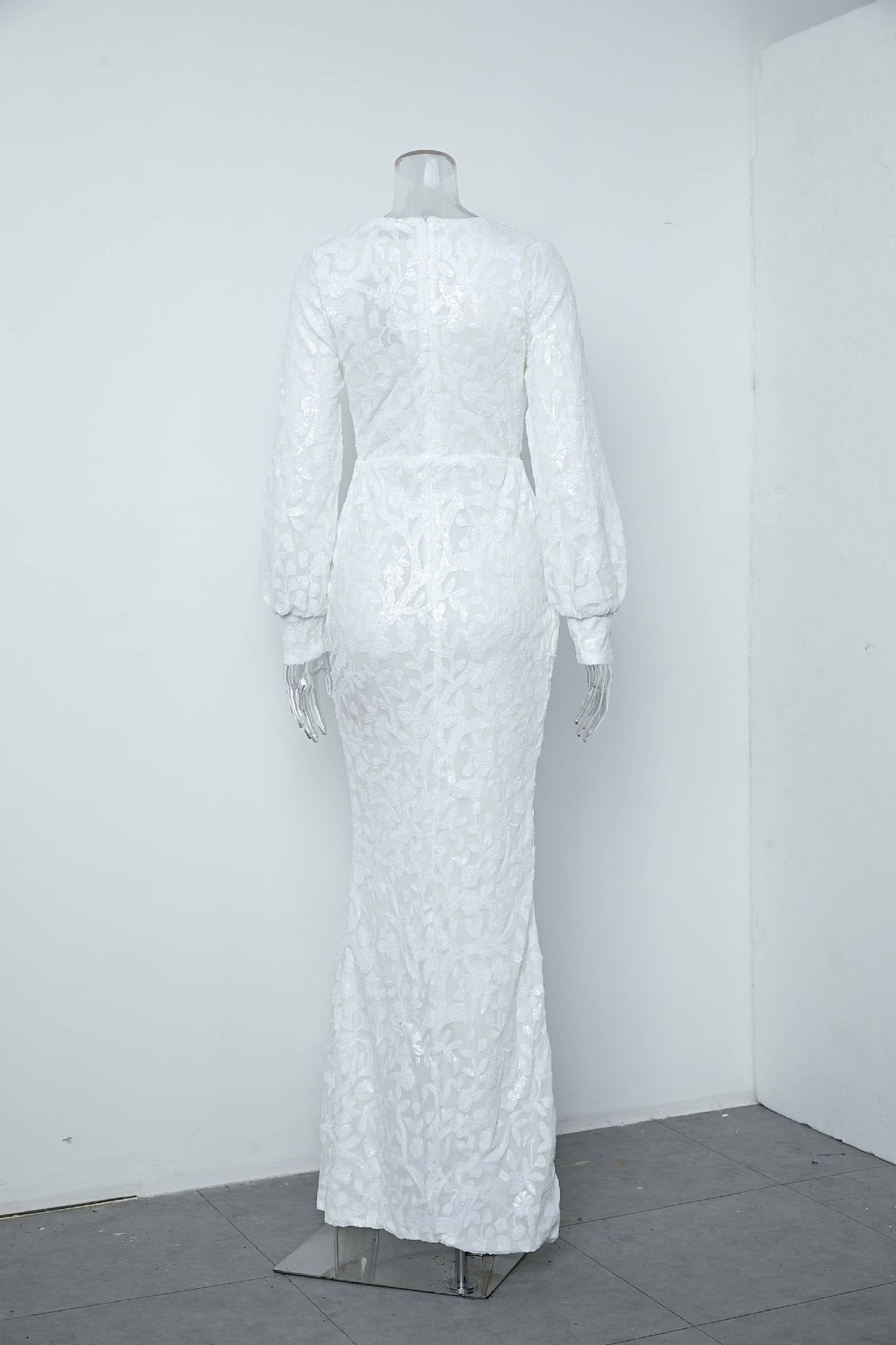 Women's Chic Deep V-Neck Long Sleeve Solid Color Slit Bridesmaid Dress Sequin Formal Party Evening Gown 7