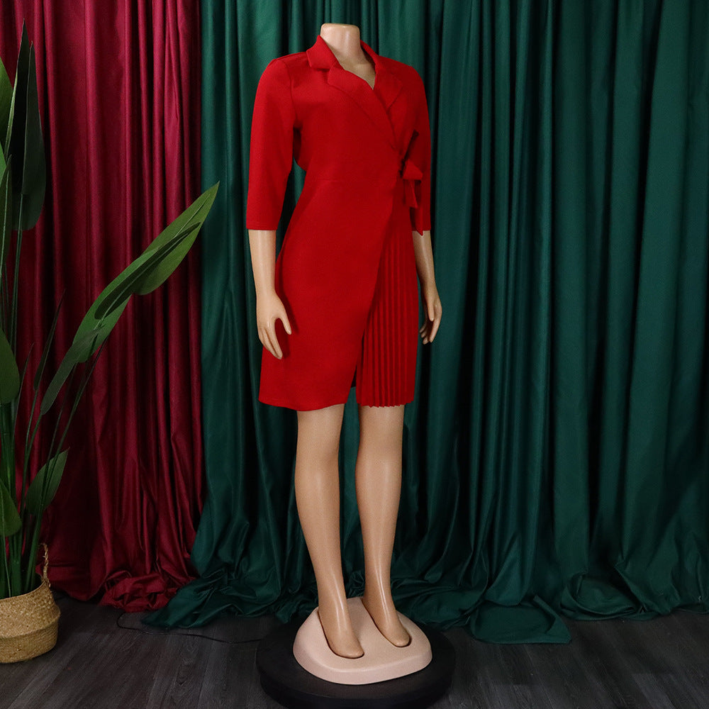 Plus Size Women's Fashion Turndown Collar Fashion Lace-Up Slim Waist Pleated African Dress 20