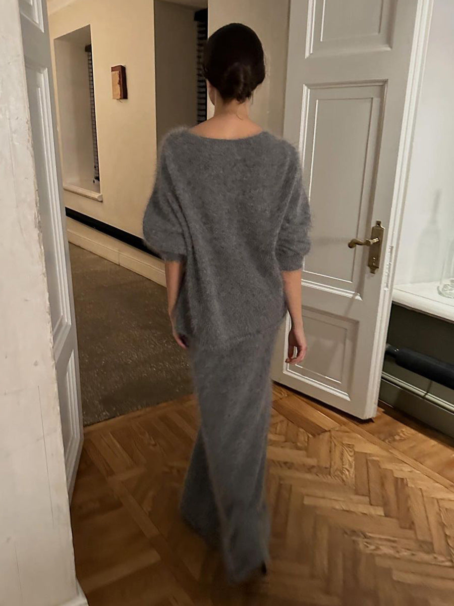 Autumn Winter Lazy V-Neck Sweater Fishtail Skirt Two Piece Set