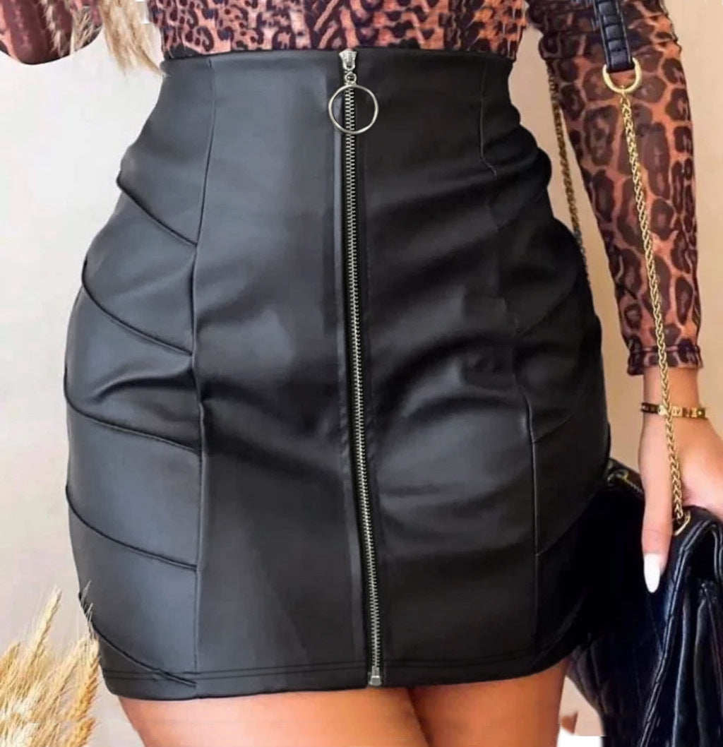 Summer Women Sexy High Waist Zipper Black Bodycon PU Leather Skirt 7
