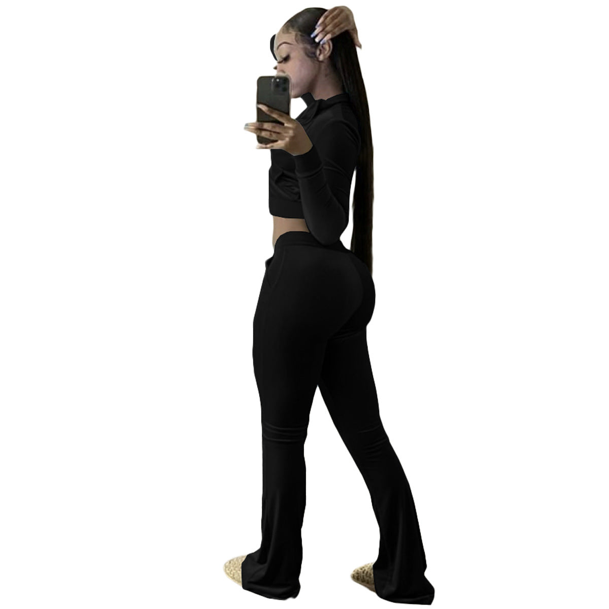 Women's Solid Color Velvet Long Sleeve Sexy Zipper Crop Top Pants Casual Sports Two Piece Set 28