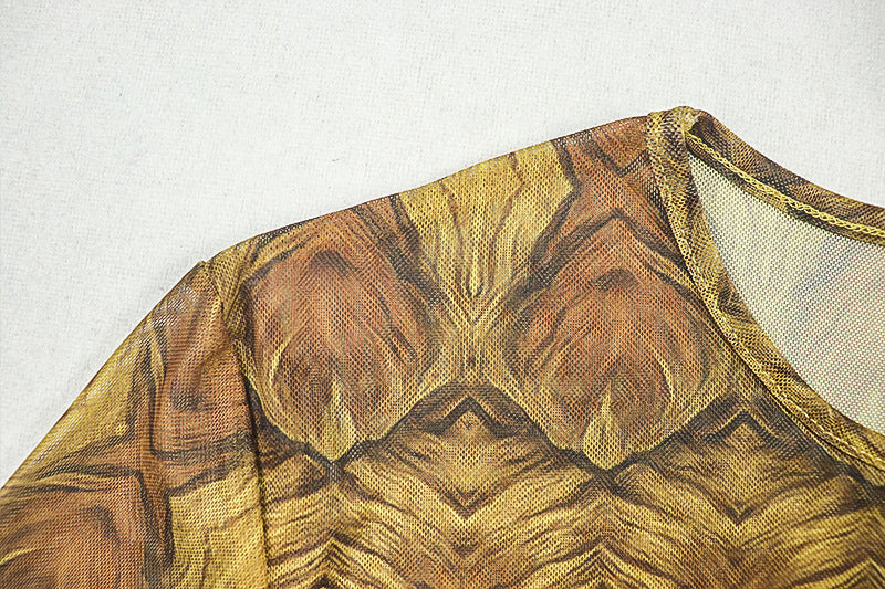 Elegant Women's Slim Waist Semi-Sheer Printed Round Neck Long Sleeve A-Line Dress 10