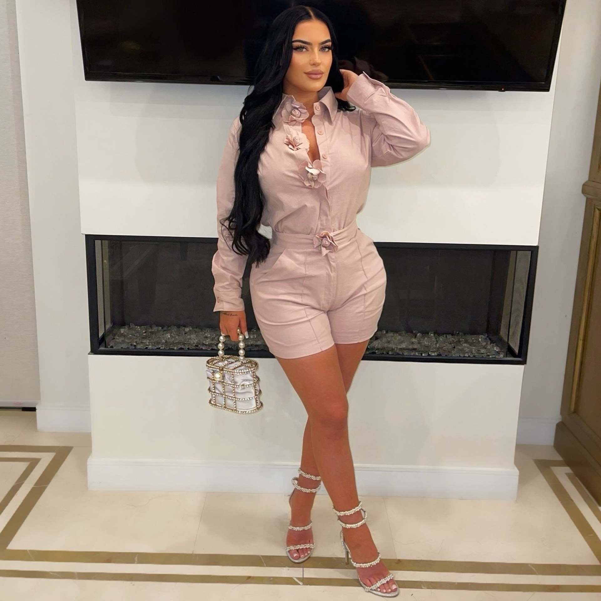 Summer Fashion Women's Solid Color Flower Long Sleeve Shirt Pocket Shorts Two-Piece Set 3