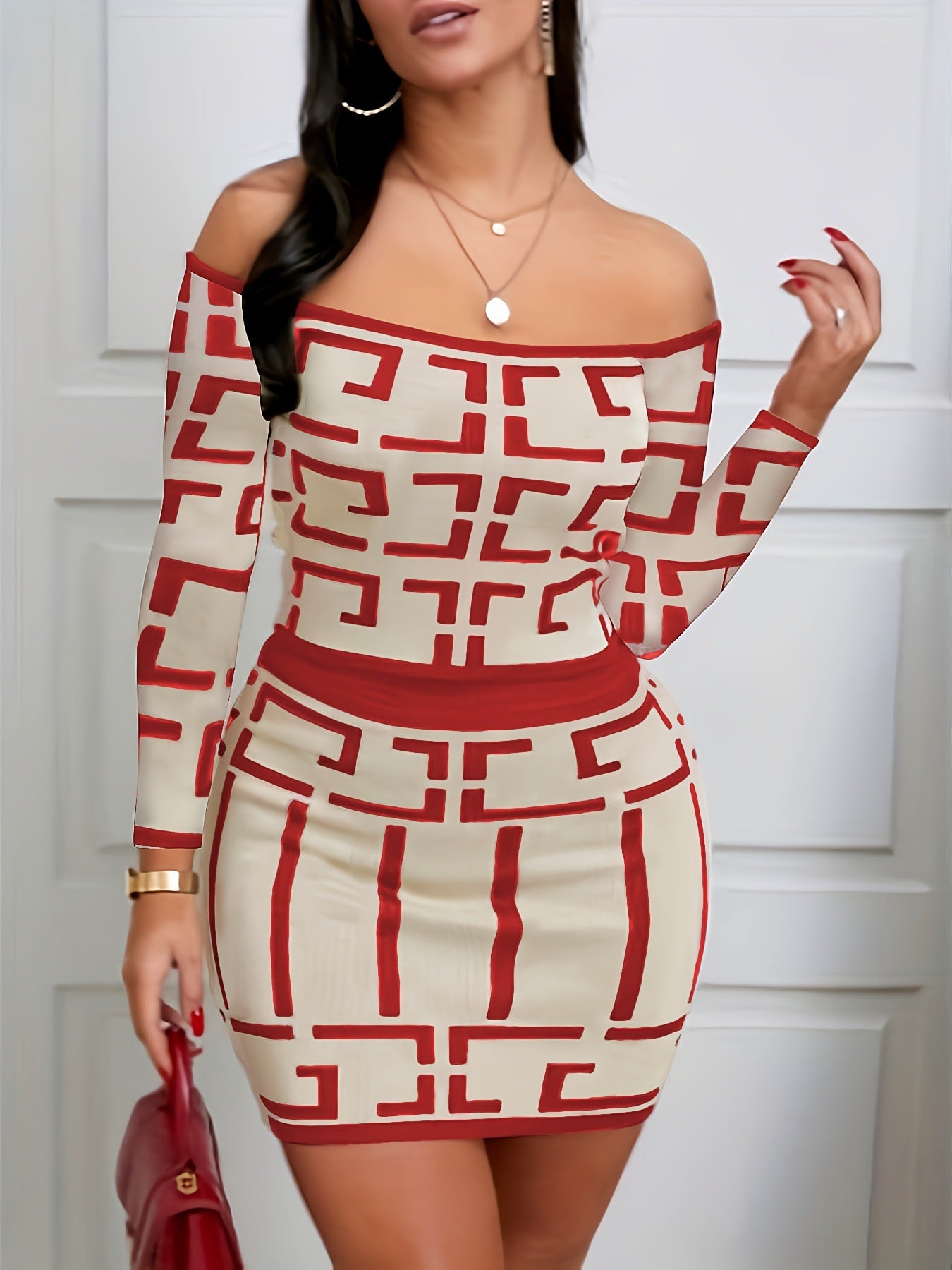 Sexy Geometric Print Casual Long-Sleeved Top And Skirt Two-Piece Set For Women 10