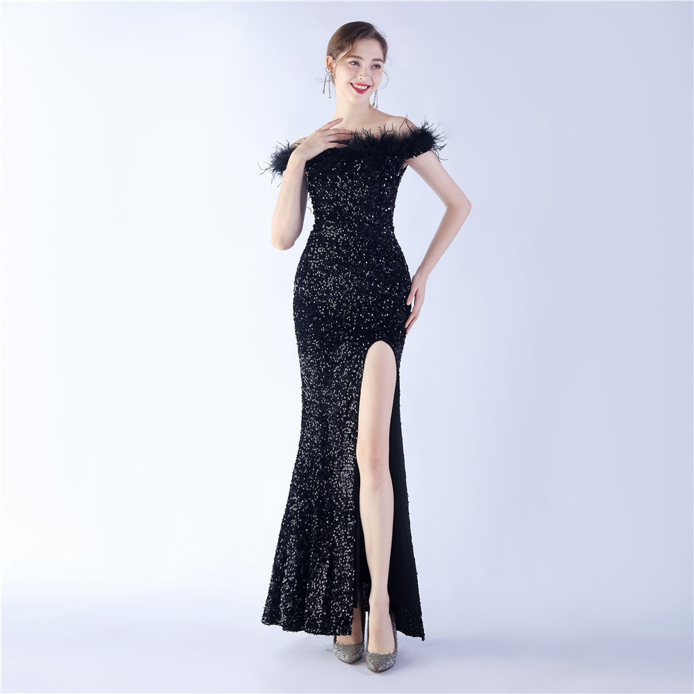 Women Sequined Ostrich Feather Off Shoulder Evening Gown 12