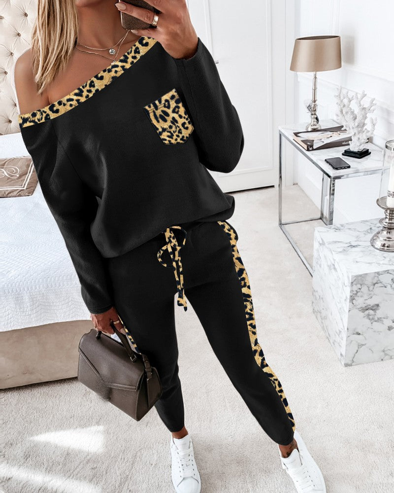 Women Slash Shoulder Collar Leopard Print Long Sleeve Top Lace-up Pants Two Piece Set