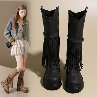 Plus Size Riding Boots with Fringe & Buckle  Mid-Calf Shoes for Women