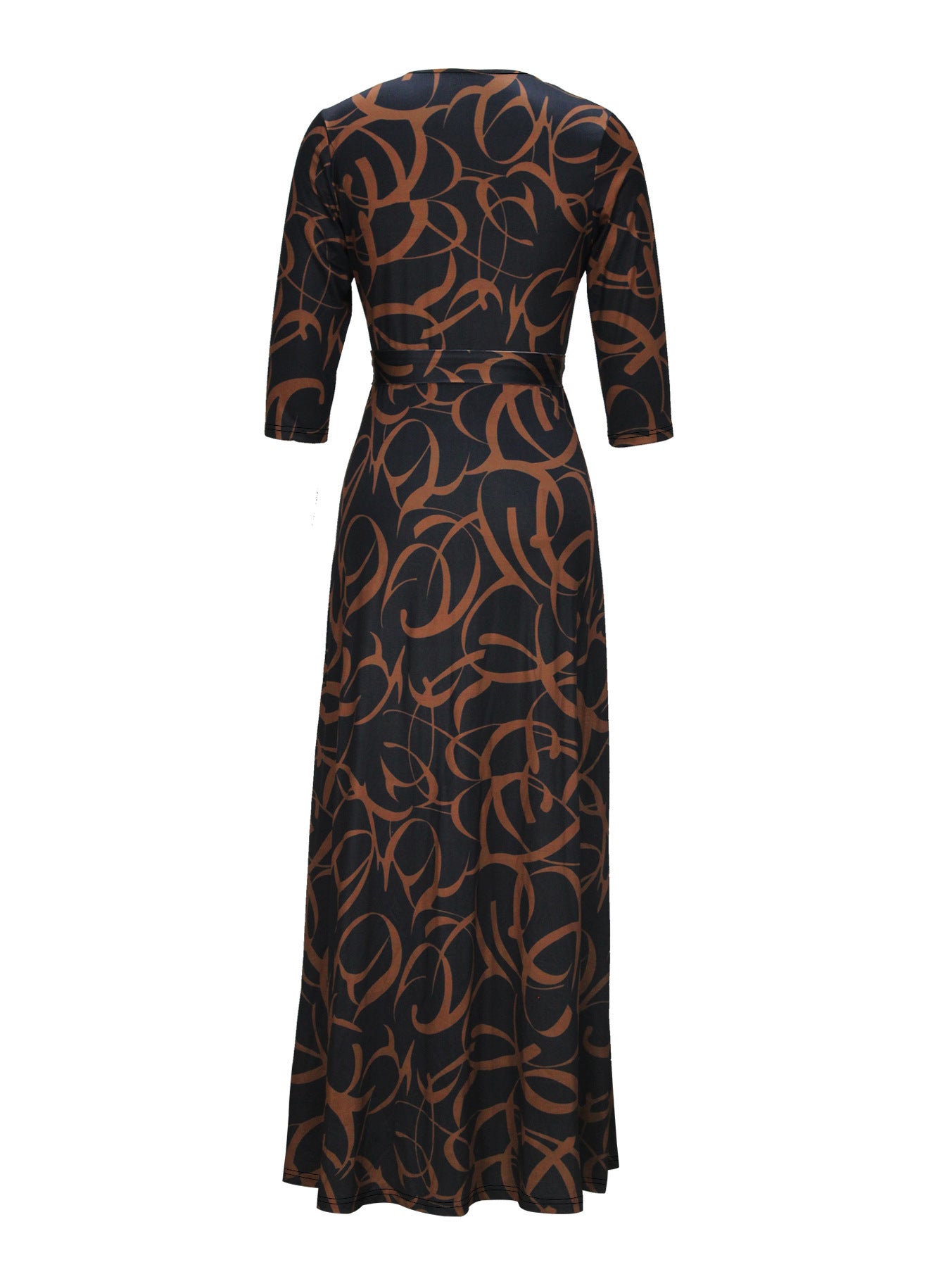 Spring & Autumn Women's Fashion Elegant Wrap V-Neck Half-Sleeve Print Belt Maxi Dress 85