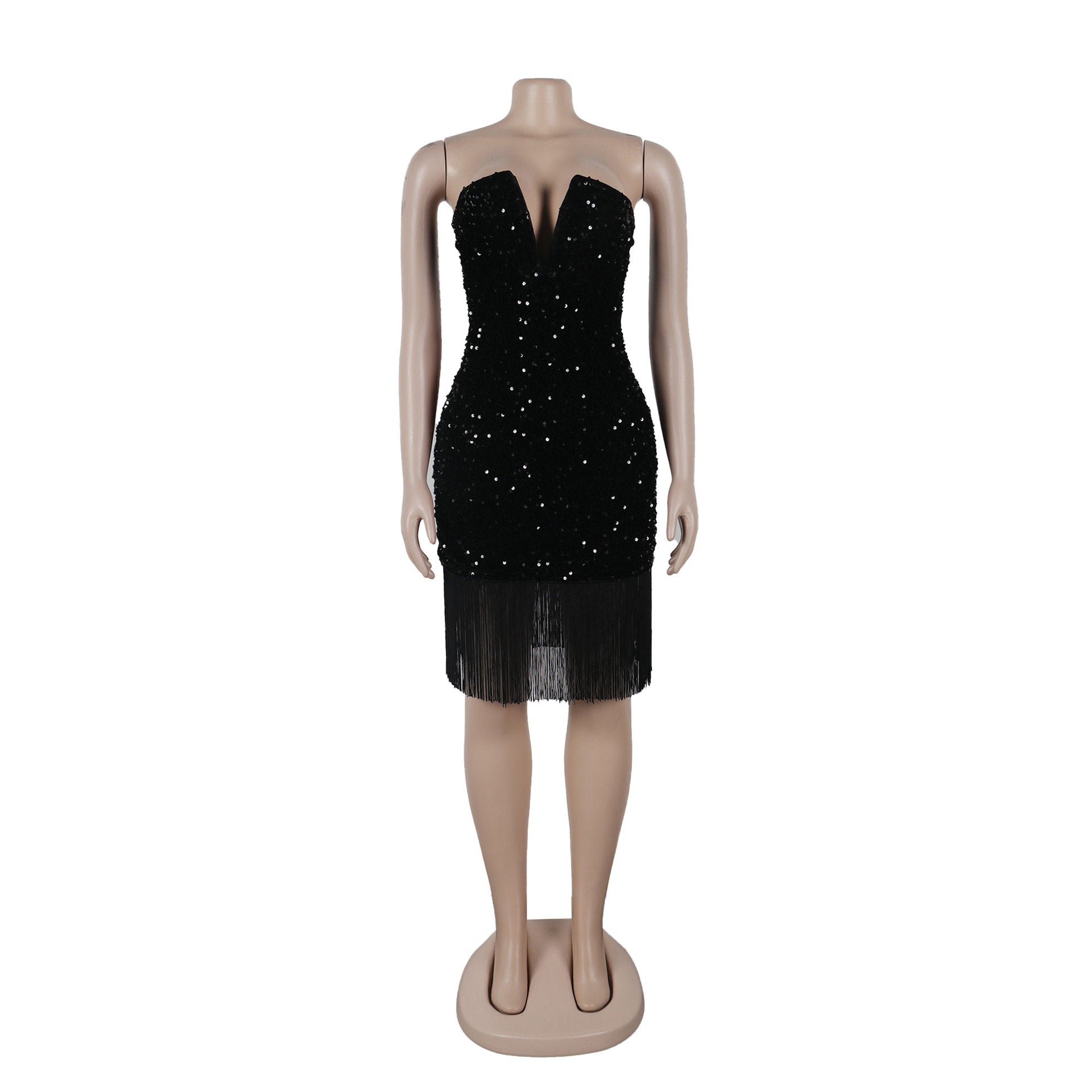 V-neck strapless tassel sequin bodycon dress 8