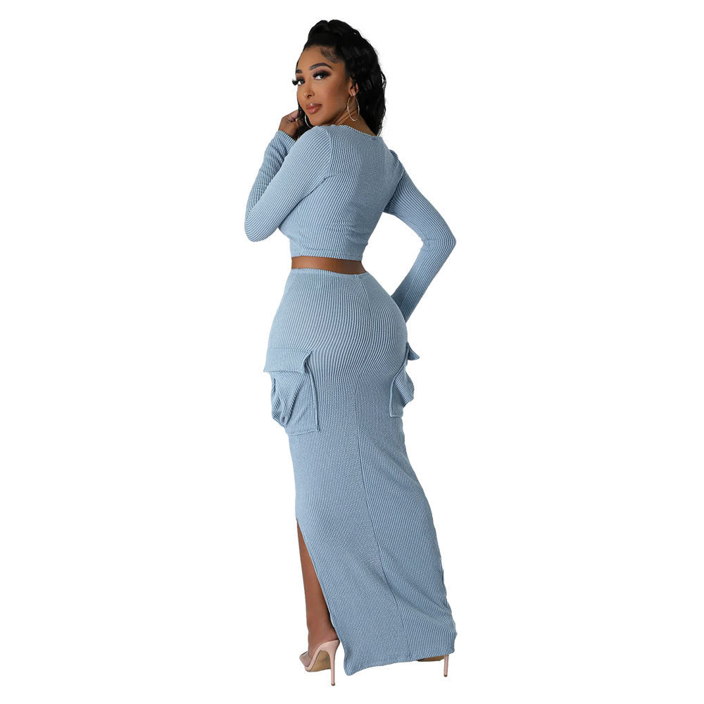 U-neck Tight Fitting short top with high waist and slit Bodycon long skirt autumn and winter two-piece set 29