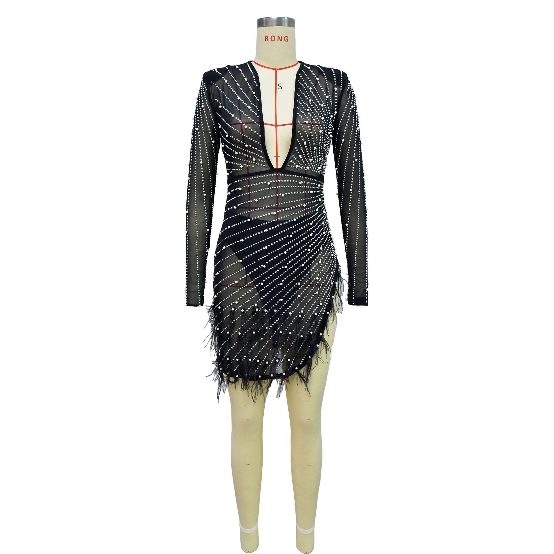 Women's Fashion Solid Color Mesh Beaded Long Sleeve Dress 15