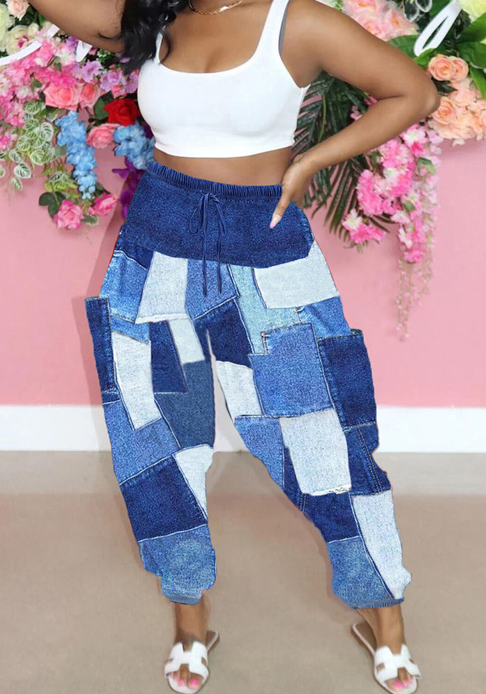 Women's Spring Summer High Waist Trousers Pocket Irregular Print Wide Leg Pants