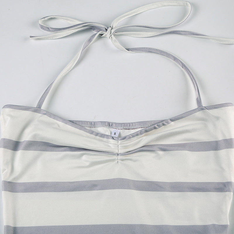 Women Casual Holidays Printed Striped Contrast Halter Neck Strap Top and Shorts Two-Piece Set 16