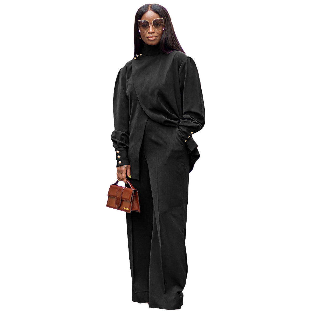 Women Turtleneck Irregular Slit Long Sleeves Top and Pant Casual Two-Piece Set 9