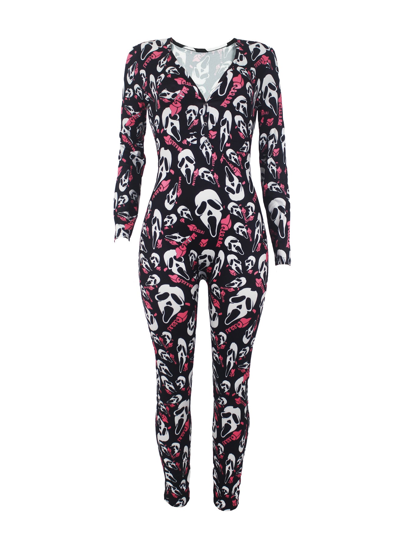 Women's Sexy Fashion Pattern Print Deep V-Neck Long Sleeve Tight Slim Jumpsuit 39