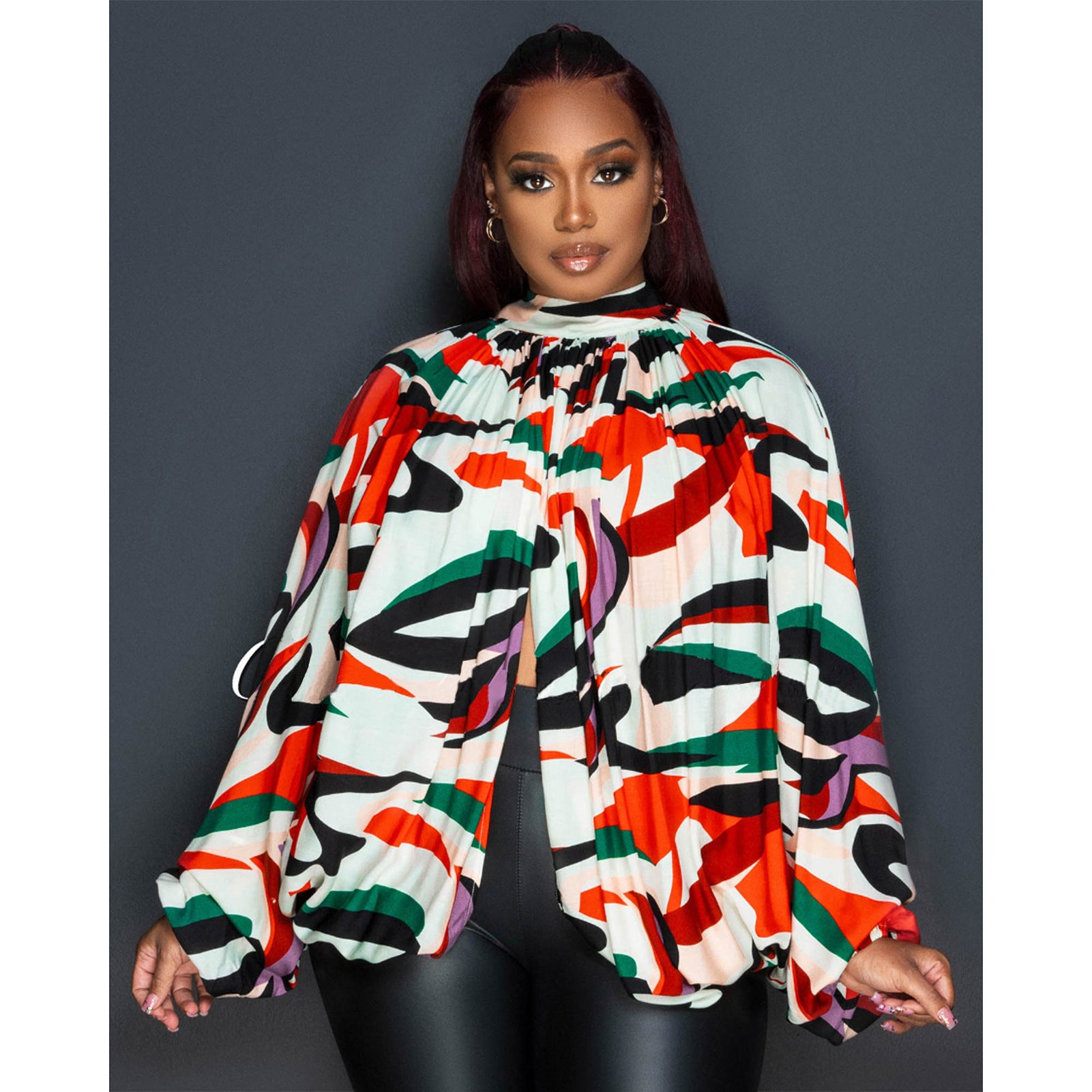 Women Buttoned Printed Bat Sleeves Shirt 3