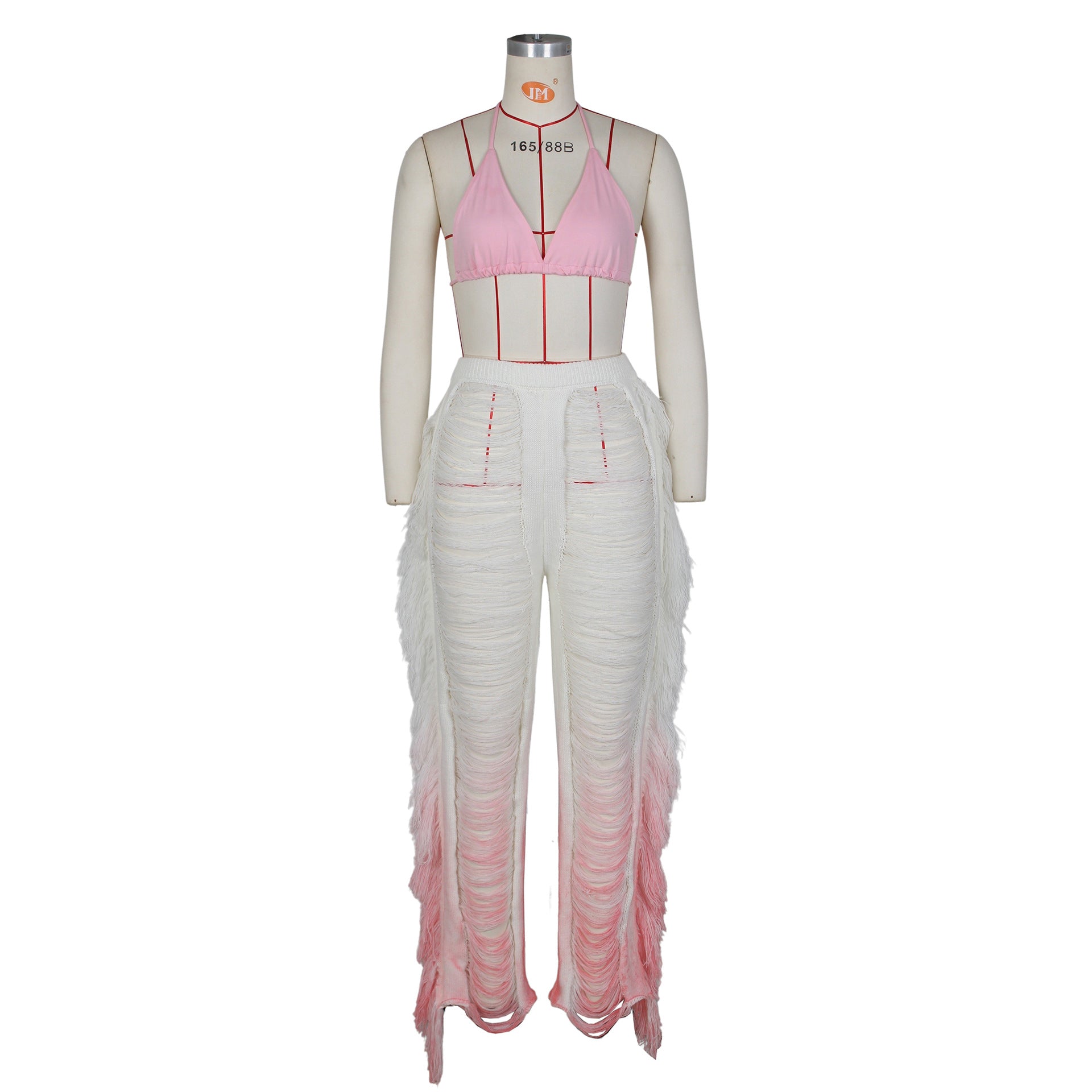 Summer Women's Sexy Gradient Beach Tassel Knitting Pants Casual Set 11